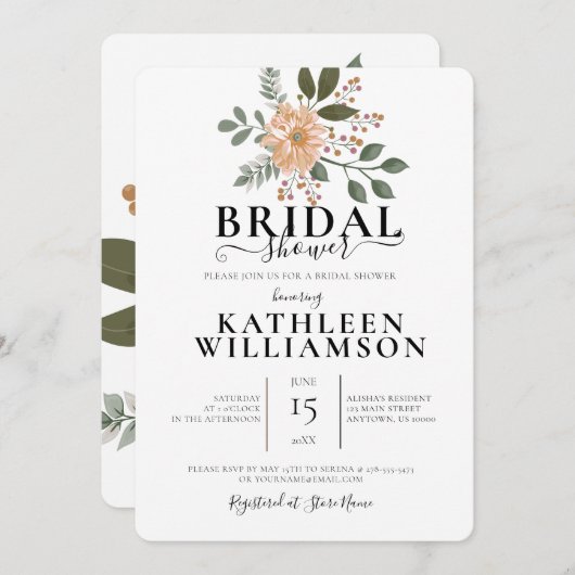 花モダンイラストレーションブライダルシャワー 招待状 (正面/裏面)