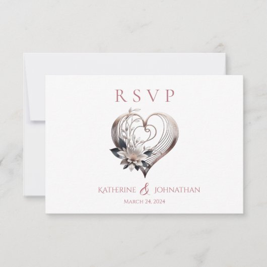 花モダン付きピンク結婚ハート 出欠カード (正面)