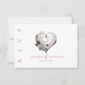 花モダン付きピンク結婚ハート 出欠カード (正面)