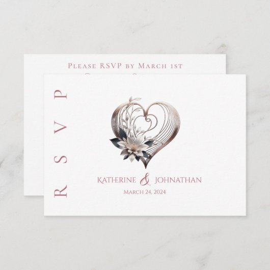 花モダン付きピンク結婚ハート 出欠カード (正面/裏面)