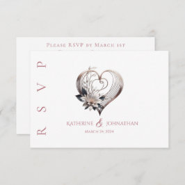 花モダン付きピンク結婚ハート 出欠カード