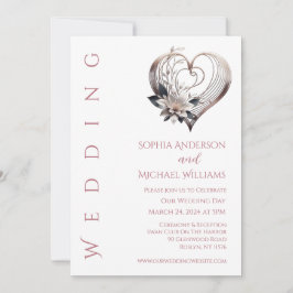 花モダン付きピンク結婚ハート 招待状