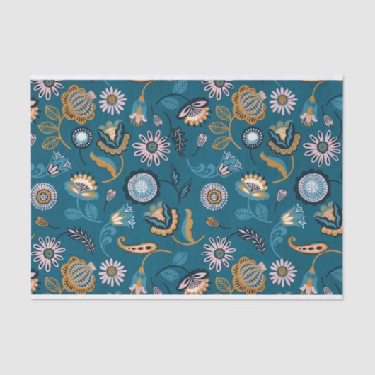 花モダン柄ティール（緑がかった色）背景 薄葉紙 (正面)