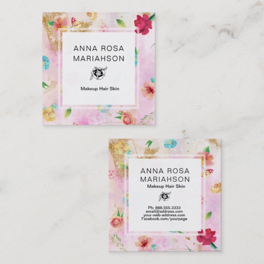 *~*花モダン柄金ゴールドグリッターピンク スクエア名刺 (正面/裏面)