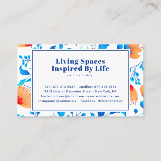 花モダン柄boho青みかん花 名刺 (裏面)