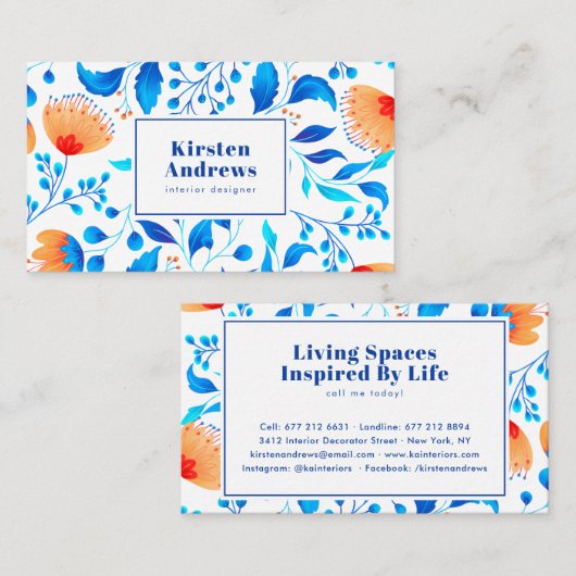 花モダン柄boho青みかん花 名刺 (正面/裏面)