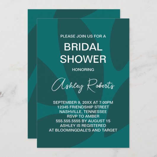花モダン花びら植物性ティール（緑がかった色）ブライダルシャワー 招待状 (正面/裏面)