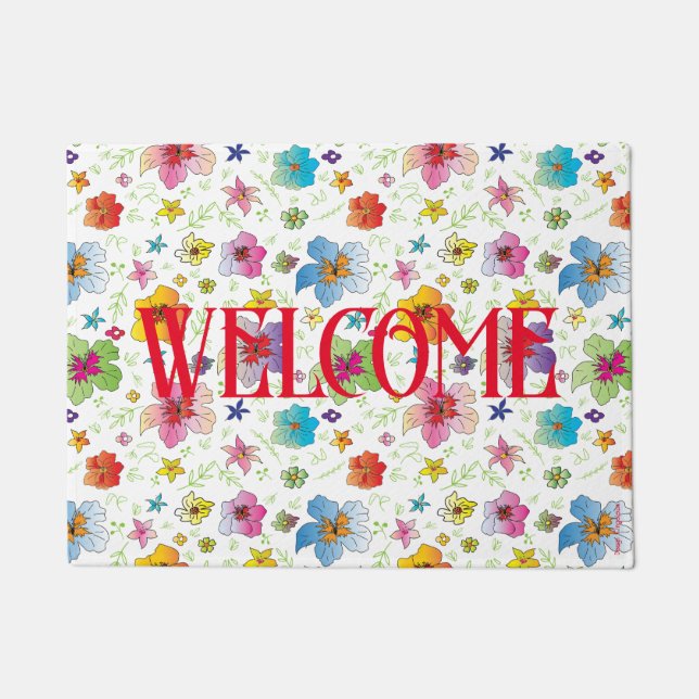 花モダン花柄ウェルカムカラフルー ドアマット (正面)