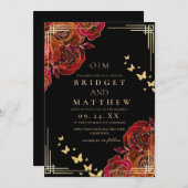 花モダン赤ローズブラック結婚ズ 招待状 (正面/裏面)