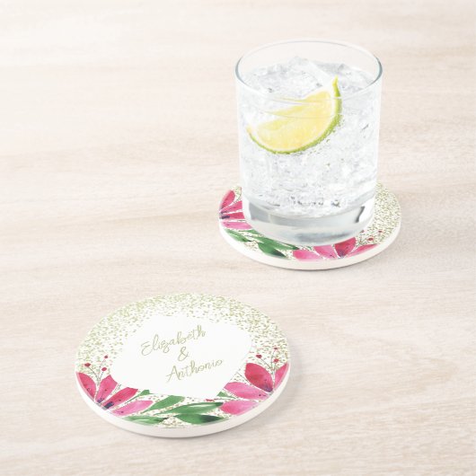 花モダン開花水彩ピンクグリッター コースター (側面)