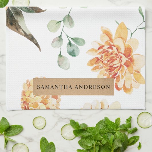 花モダン黄&クラフトパーソナライズされたギフト キッチンタオル (折り畳み)