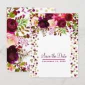 花モダン ゴールド ワインレッド 大胆な Save the Date 案内ポストカード (正面/裏面)