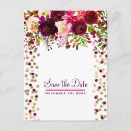 花モダン ゴールド ワインレッド 大胆な Save the Date 案内ポストカード