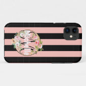 花モノグラムのと黒いピンクのストライプ模様 Case-Mate iPhoneケース (裏面(横))