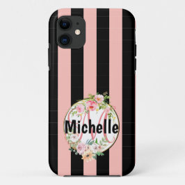 花モノグラムのと黒いピンクのストライプ模様 iPhone 11 ケース