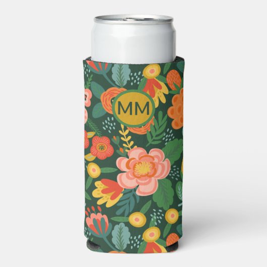 花モノグラムのパーソナライズされた スリム缶クーラー (Seltzer正面)