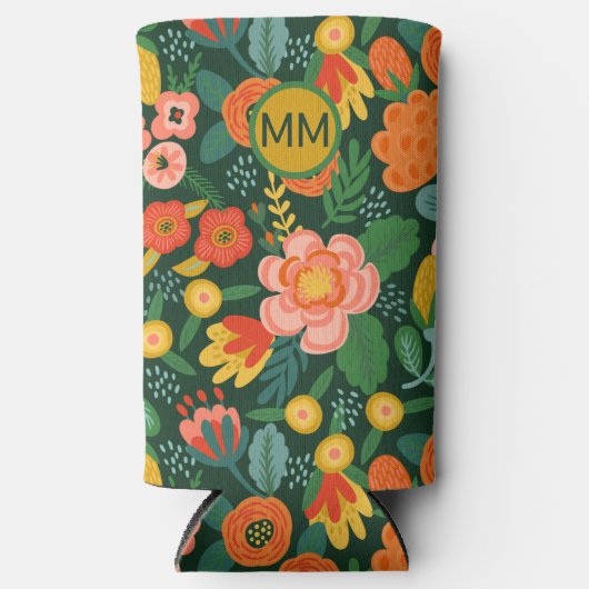 花モノグラムのパーソナライズされた スリム缶クーラー (正面)