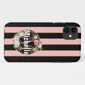 花モノグラムの付き黒ストライプ色ピンクの模様 Case-Mate iPhoneケース (裏面(横))