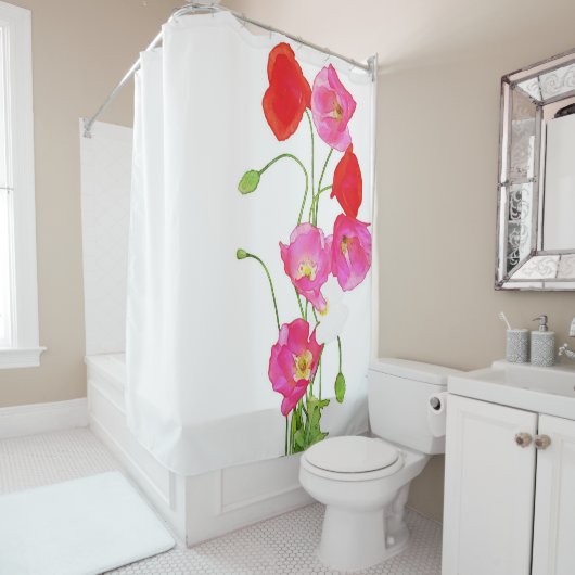 花ユニークな水彩画の赤いピンクの白いケシ シャワーカーテン (インサイチュ)