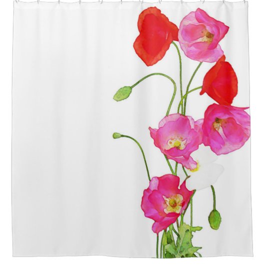 花ユニークな水彩画の赤いピンクの白いケシ シャワーカーテン (正面)