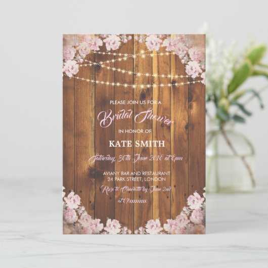 花ライトは木製のブライダルシャワーの招待をひもでつなぎます 招待状 (スタンド正面)