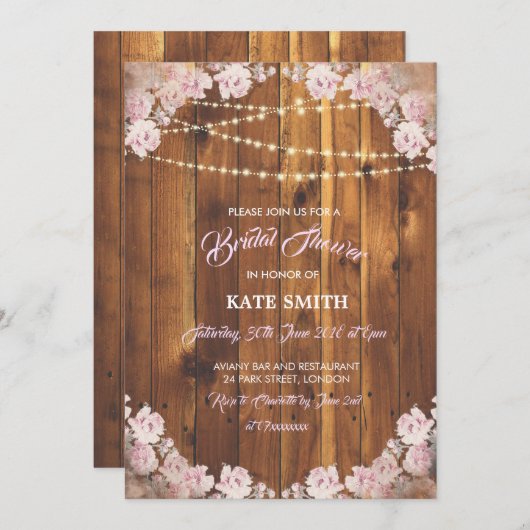 花ライトは木製のブライダルシャワーの招待をひもでつなぎます 招待状 (正面/裏面)