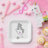 花ラインアートを持つ女性 ペーパープレート (パーティー)