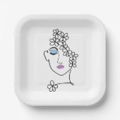 花ラインアートを持つ女性 ペーパープレート (正面)