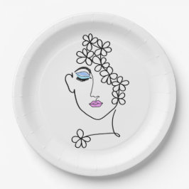 花ラインアートを持つ女性 ペーパープレート