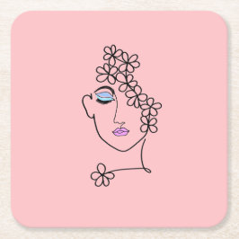 花ラインアートピンクの女性 スクエアペーパーコースター