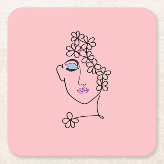 花ラインアートピンクの女性 スクエアペーパーコースター (正面)