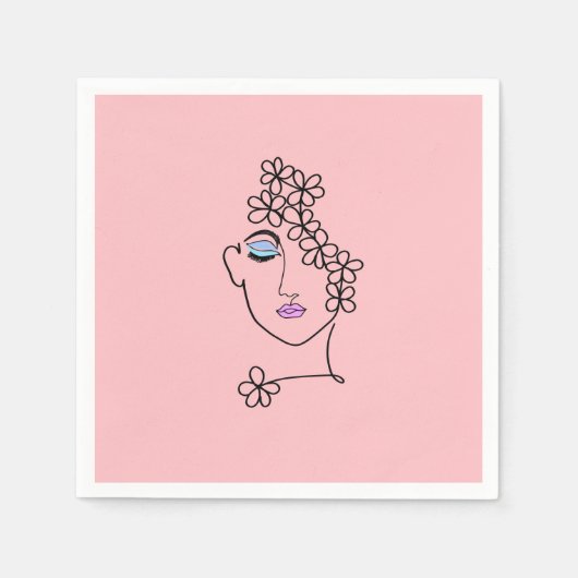 花ラインアートピンクの女性 スタンダードカクテルナプキン (正面)