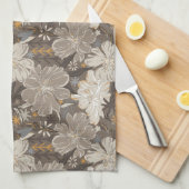 花ラインスケッチグレー、白、および日焼けのヒント キッチンタオル (四つ折り)