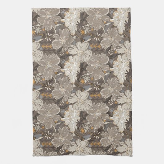 花ラインスケッチグレー、白、および日焼けのヒント キッチンタオル (縦)