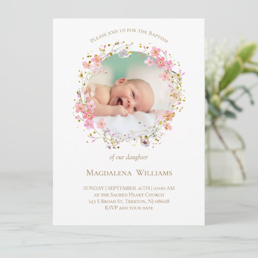 花リース写真枠 | バプテスマ招待状 招待状 (スタンド正面)