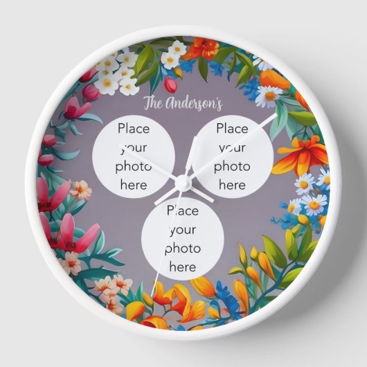花リース3枚の写真と名前のカスタマイズ可能 壁時計 (正面)