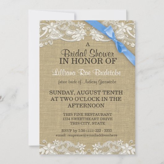 花レースデザインとリボン ブライダルシャワー 招待状 (正面)
