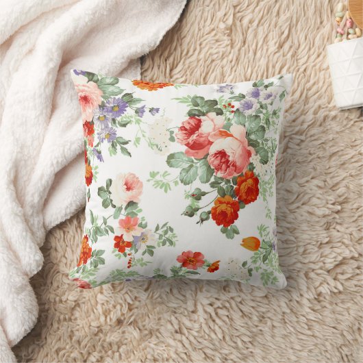 花ロマンチックで赤いオレンジレトロのガーリーなバラ クッション (ブランケット)