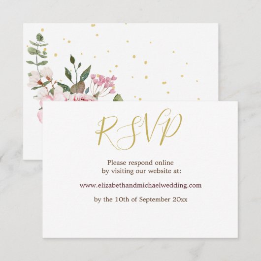 花ローズピンクエレガント結婚式出欠確認カード 招待状 (正面/裏面)