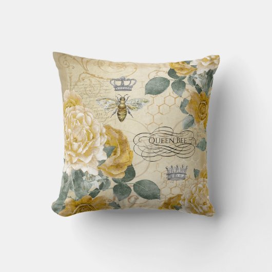 花ヴィンテージの女王バチの金バラ クッション (正面)