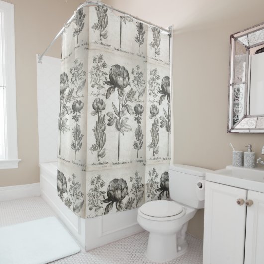 花ヴィンテージの白黒植物の花 シャワーカーテン (インサイチュ)