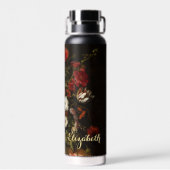 花ヴィンテージフローラアート金ゴールドモノグラムのブラック ウォーターボトル (背面)
