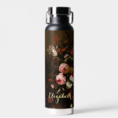 花ヴィンテージフローラアート金ゴールドモノグラムのブラック ウォーターボトル (正面)