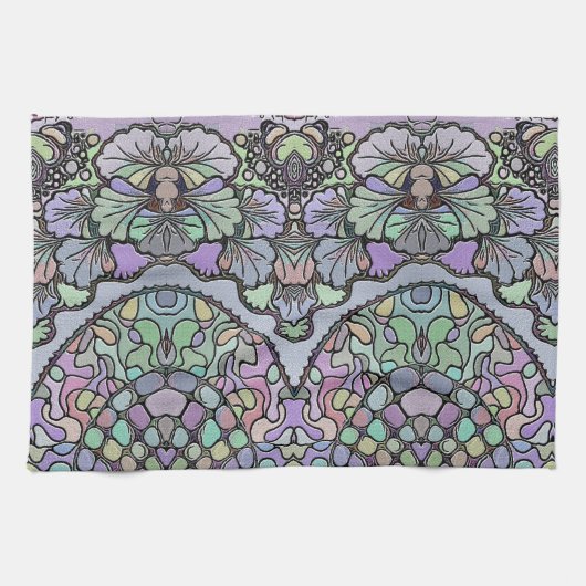 花ヴィンテージモザイクパープルパンジーフローラ エレガント キッチンタオル (横)