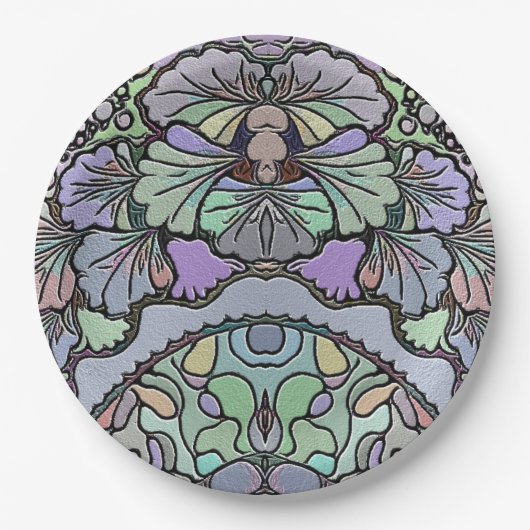 花ヴィンテージモザイクパープルパンジーフローラ エレガント ペーパープレート (正面)