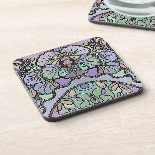 花ヴィンテージモザイク紫パンジーフローラエレガント  コースター (左側)