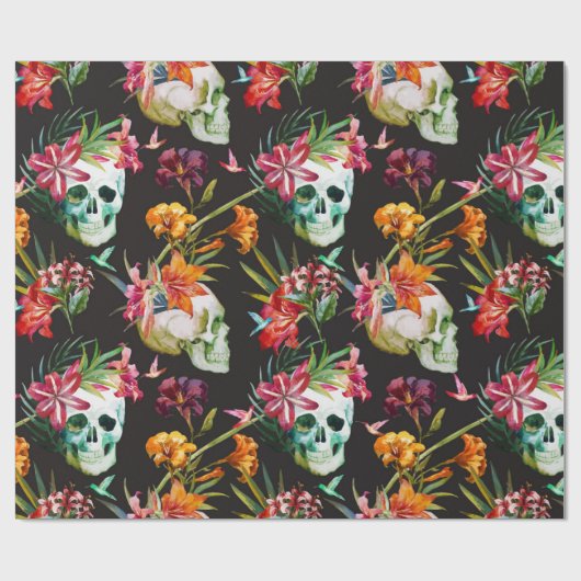 花不気味付き怖いスカルハロウィーン ラッピングペーパー (フラット)