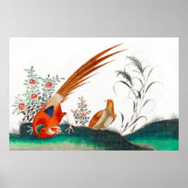 花中国のの間に絵画おっきな二羽の鳥 ポスター