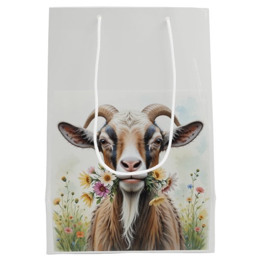 花付きオールドヤギおもしろいノベルティ動物模様 ミディアムペーパーバッグ (裏面)