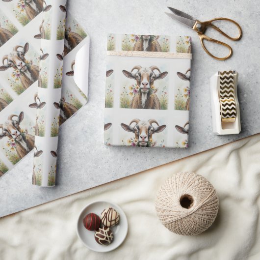 花付きオールドヤギおもしろいノベルティ動物模様 ラッピングペーパー (クラフト)